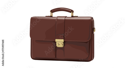 Brown leather business briefcase for documents. Professional classic style bag for work. Elegant male accessory portfolio case with gold lock isolated on white background. Vector.