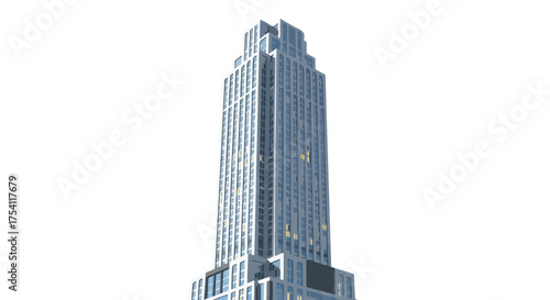 Futuristic Towering Skyscraper with Striking Art Deco Influence and Modern Aesthetic Appeal showcased on a Crisp White Background