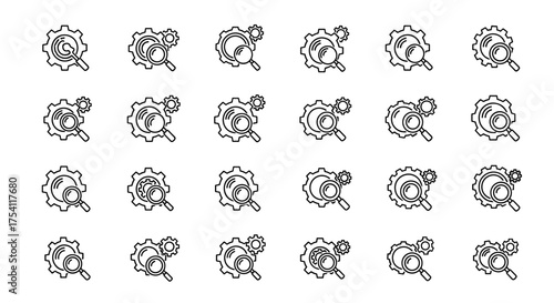 Search engine optimization icon set. SEO analysis and configuration. Magnifying glass over gear symbol. Technical process, data research, and discovery vector illustration.