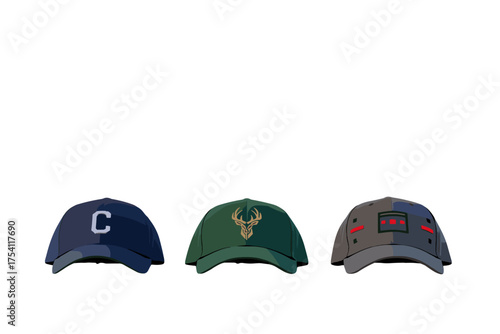 Set of three stylish baseball hats in a row, navy cap with letter C, green cap with deer antlers emblem, grey cap with abstract geometric design, casual sportswear accessories