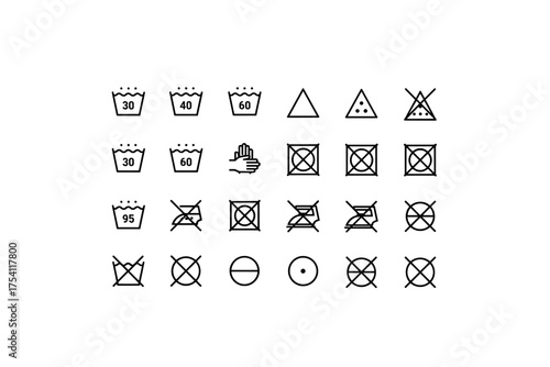 Set of laundry washing symbols icons for garment care instructions, including washing temperatures, bleaching, ironing, drying, and hand wash vector design for fabric care labeling
