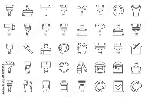 Wide paintbrush and paint roller vector icon set with painting tools, palettes, paint splatter, paint cans, tubes, containers, and graphic art supplies illustrations for design