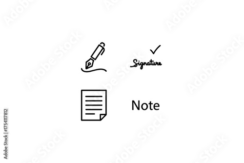 Set of writing icons including pen line art, signature check mark, and note page. Handwriting, document, note-taking, autograph, writing tools concept for design and business.