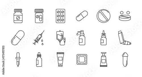 Medicine and pharmacy line icon set. Healthcare medical symbols. Vector outline collection of drug, pill, capsule, syringe, bottle, inhaler for hospital, clinic, drugstore.
