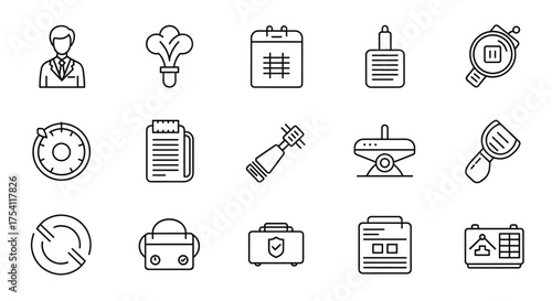 Modern universal line icon set. Collection of outline pictograms for business, food, kitchen tools, office supplies, and web interface. Man, calendar, timer, security case.