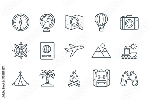 Travel and adventure line icon set. Vacation, journey, and holiday symbols. Compass, globe, map, plane, passport, and backpack for tourism, hiking, and exploration.