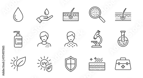 Dermatology line icon set. Skin care, cosmetic, and treatment icons. Vector symbols for beauty, health, and science. Includes moisture, UV protection, acne, and skin analysis.