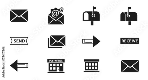 Mail icon set vector. Post office communication symbols. Envelope, email, mailbox, letter. Send, receive buttons and arrows. Postal service and delivery graphics concepts.