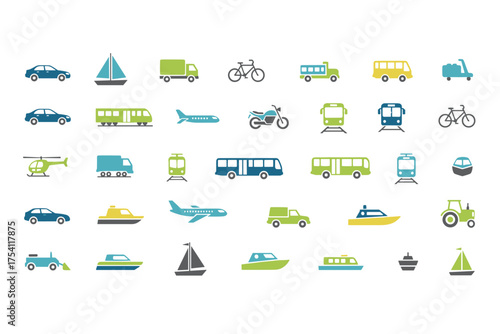 Modern vector icon set with various colorful vehicle silhouettes including cars, trucks, buses, airplanes, boats, bicycles, helicopters, and tractors for transportation and travel design