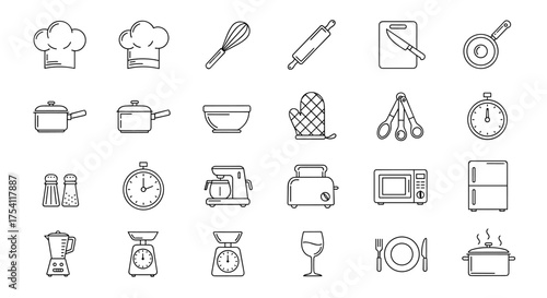 Cooking line icons, kitchen utensil and appliance vector set. Chef hat, pot, pan, whisk, microwave, blender, scale, toaster. Food preparation outline culinary symbols.