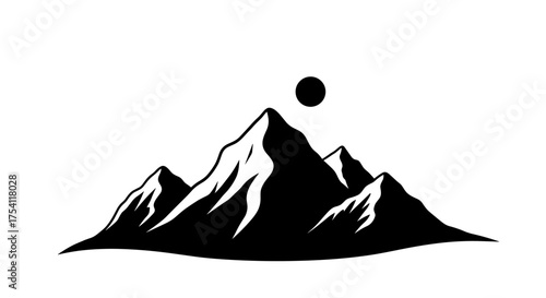 Mountain range silhouette vector illustration. Black and white minimalist icon of peaks with snow and sun or moon. Concept for outdoor adventure, travel, hiking, climbing logo.