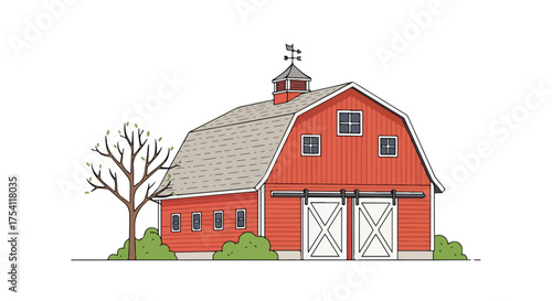 Charming hand-drawn illustration of a classic red barn with sliding doors and a weather vane in a rural setting isolated scene
