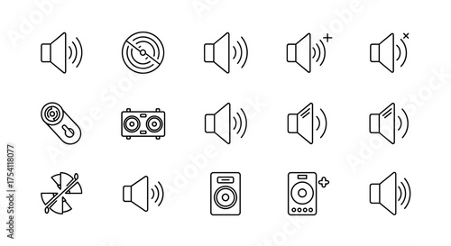 Audio line icon set. Sound and music symbols. Speaker, volume control, mute, and player buttons. Vector pictogram collection for web, app, UI, UX design interface.