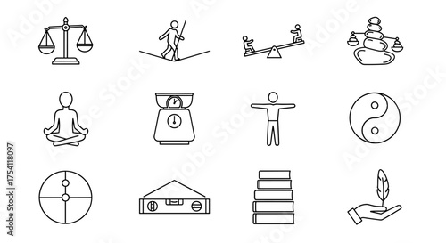 Balance and equilibrium line icon set. Vector icons for harmony, stability, and justice. Includes scales, yin yang, zen stones, meditation, and tightrope for mental health concepts.