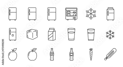 Refrigerator and food line icon set. Vector kitchen appliances, cold drinks, and fresh groceries symbols. Editable stroke illustration for freezer, ice, milk, and apple.