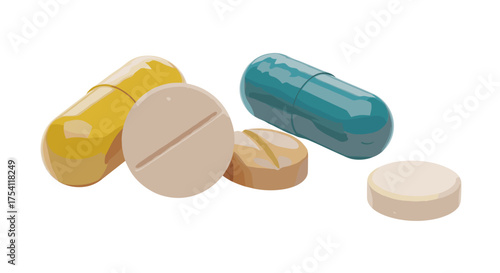 A variety of medical pills, colorful capsules, and round tablets isolated on a white background. Pharmacy drug, medicine, and healthcare concept for pharmaceutical treatment.