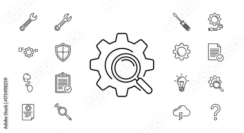 Line icon set for technology and business. Search settings, configuration analysis, system optimization. Tools for maintenance and repair. Technical support and troubleshooting.