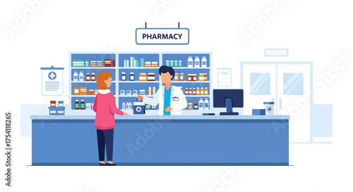 Illustration depicting a pharmacy interior with a pharmacist assisting a customer at the counter while surrounded by shelves of medications and