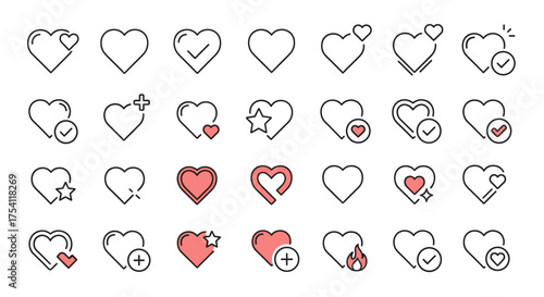 Heart line icon collection. Love, like, favorite, passion symbols. Check mark, star, plus sign. Approved, add to favorites, new notification. Social media user interface elements.