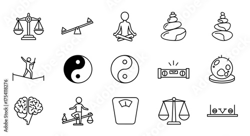 Balance and harmony icon set. Symbols of equilibrium, justice, and stability. Zen meditation, yin yang, scales, and mental health concepts. Vector line art illustration.