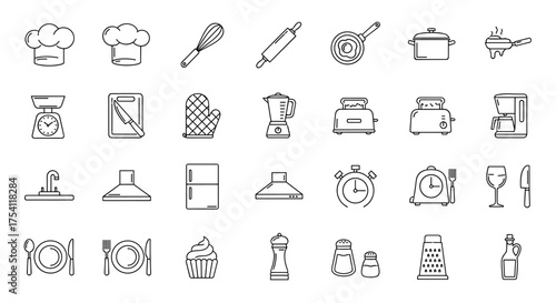 Big set of kitchen and cooking line icons. Culinary equipment, utensils, and appliance symbols for restaurant menu, recipe book or foodie blog. Editable vector illustration.