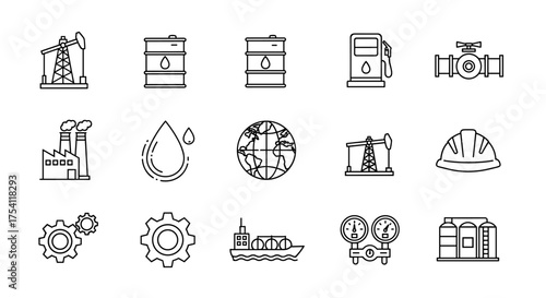 Oil and gas industry icons. Petroleum extraction, fuel production, energy concept. Vector line symbols for pumpjack, refinery, barrel, tanker ship, pipeline, gas station, gauge.