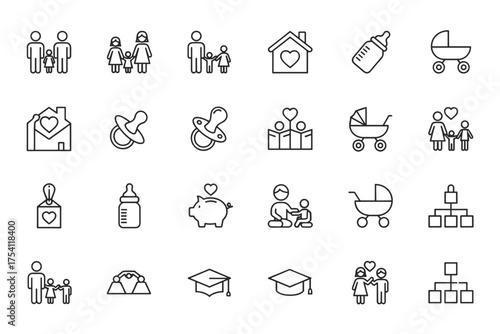 Family and parenting line icon set. Collection of pictograms for web and app. Baby care, newborn, childhood, education and relationship symbols. Mother, father, child, home icons.
