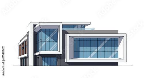 Modern Architectural Visualization of a Building with Geometrical Design and Large Windows