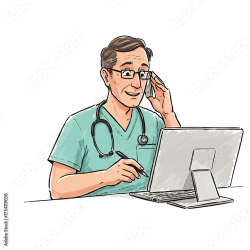 Doctor on Phone Call with Patient while using Computer