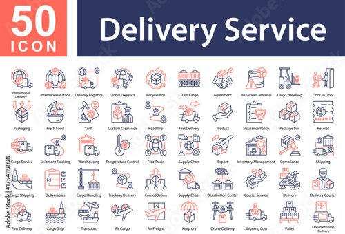 Minimalist Delivery Service Line Color icons set with editable stroke, featuring: International Delivery,International Trade,Delivery Logistics,Global Logistics,Recycle Box,Train Cargo,Agreement