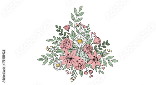 Pastel floral arrangement illustration featuring roses, lilies, and daisies on a white surface ready for design applications