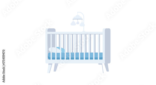 Delicate blue baby crib illustration with mobile, perfect for nursery designs and infant product mockups symbolizing early childhood dreams and care