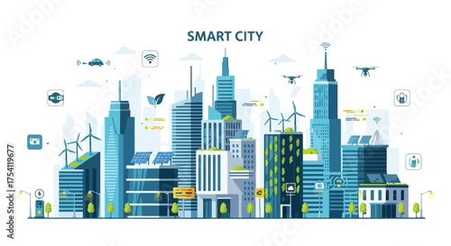 Futuristic smart metropolis illustration showcasing interconnected technologies and sustainable infrastructure initiatives integrated within the