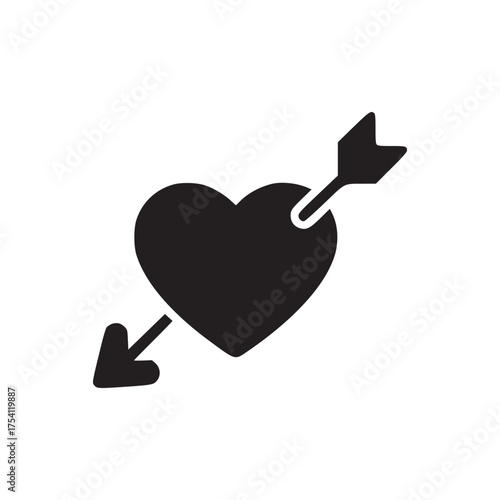 A simple graphic illustration of a heart pierced by an arrow on a plain white background design style