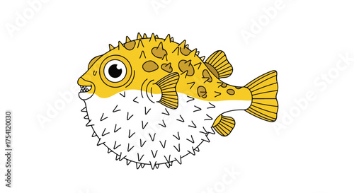 Cartoon Pufferfish Character with Spikes and Yellow Coloration on a White Backdrop Illustration Image