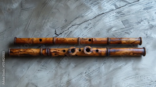  a single handcrafted wooden flute resting on a plain white surface,