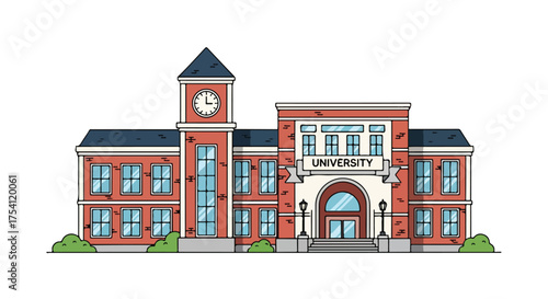 Stylized vector illustration of a classic university building with brick facade and prominent clock tower representing higher education pursuit