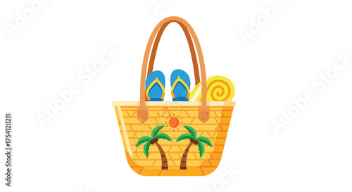 Illustrative beach tote with flip-flops, towel, and tropical palm tree pattern, perfect for vacation plans and summer getaway adventures