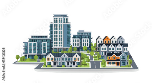 Modern Cityscape Harmony: A Diverse Architectural Panorama of Residential Buildings and Condominiums Presenting Urban Development and Planning