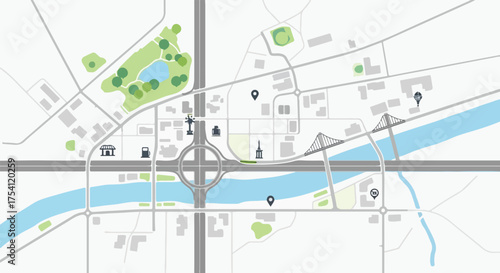 Modern City Map Design with Landmarks, Roads, and Waterways for Urban Planning and Navigation with a Minimalist and Clean Aesthetic