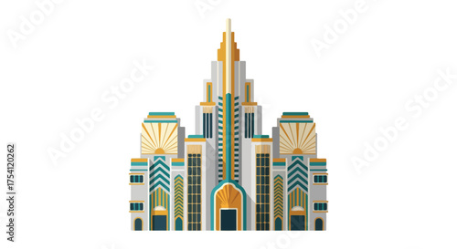 Majestic Art Deco Skyscraper Illustration with Geometric Details and Sunlight Accents against a Clean White Background