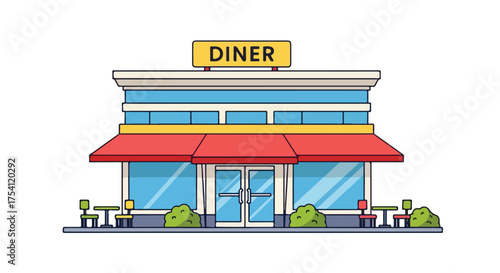 Cartoon diner facade with awnings outdoor seating and decorative landscaping creating a inviting classic roadside restaurant image