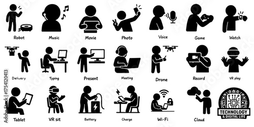 テクノロジーとデジタルライフのピクトグラムセット、Technology and Digital Life Pictogram Set