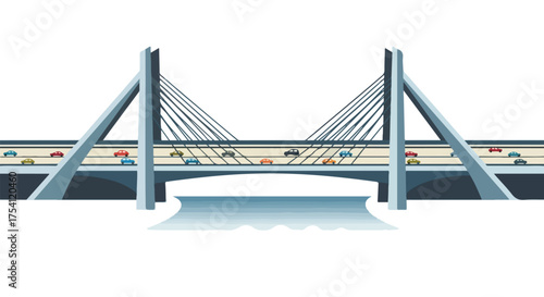 Modern suspension bridge illustration showcasing vehicle traffic crossing a waterway creating a transportation scene with vibrant colors and clear