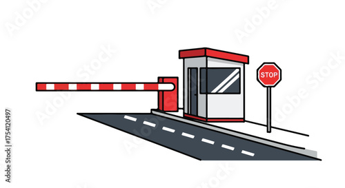 Cartoon Illustration of a Toll Booth with Gate, Stop Sign and Guard House on a Road at an angle