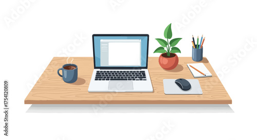 Modern home office setup with laptop, coffee, plant, and stationery symbolizing productivity and a comfortable workspace environment