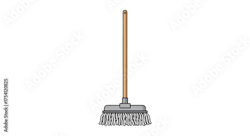 Cartoon mop with a wooden handle and a grey head, isolated on a white background ready for floor cleaning and basic hygiene concepts