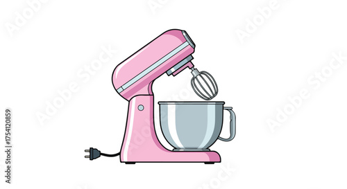 Illustration of a Pink Stand Mixer with Silver Bowl and Whisk for Kitchen Appliance Concepts and Home Baking Projects