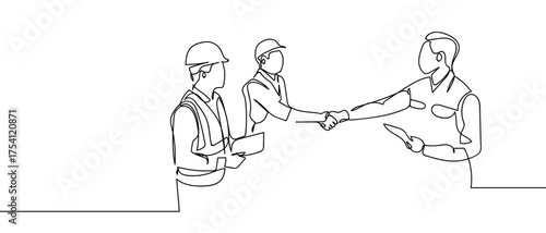 Engineer collaboration, continuous hand drawn doodle line art vector, editable strokes.