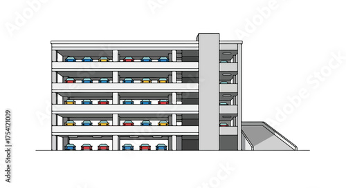 Stylized depiction of a multi-story parking garage filled with compact vehicles, an architectural blueprint demonstrating urban car park layout